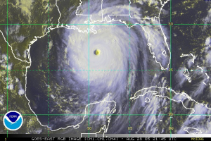 Hurricane Katrina, as pictured in the Gulf of Mexico at 21:45 UTC on August 28, 2005 via NOAA satellite
